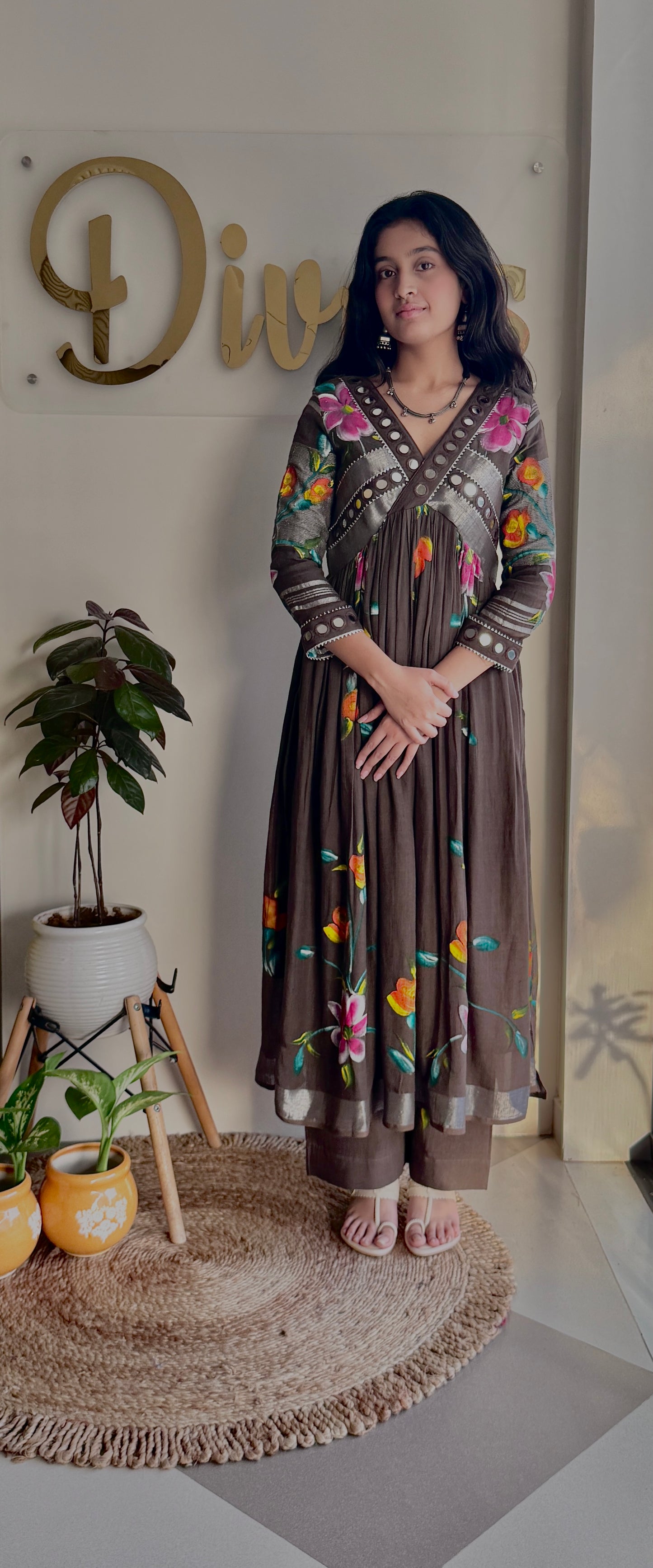 Marvya Mocha Brush Painted Pant Kurta Set