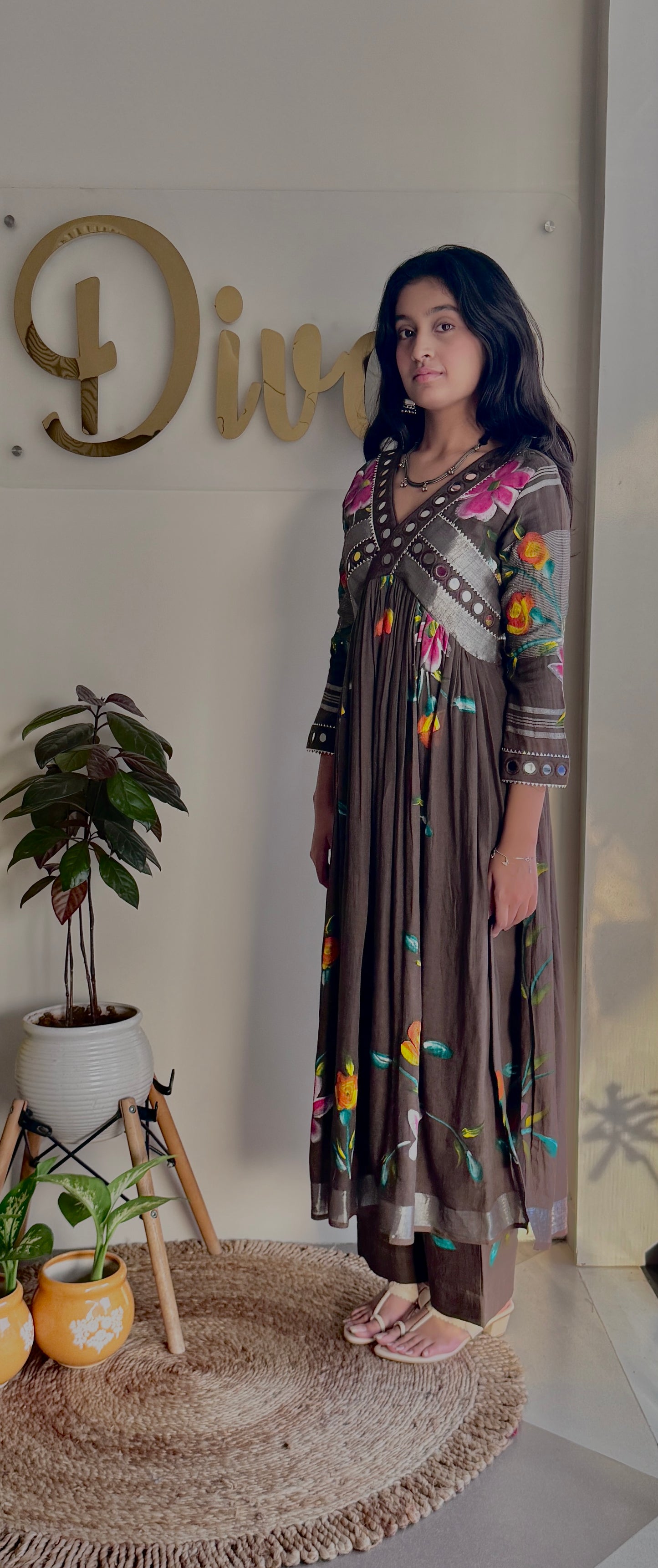 Marvya Mocha Brush Painted Pant Kurta Set