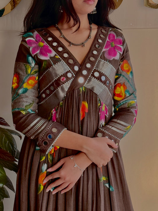 Marvya Mocha Brush Painted Pant Kurta Set