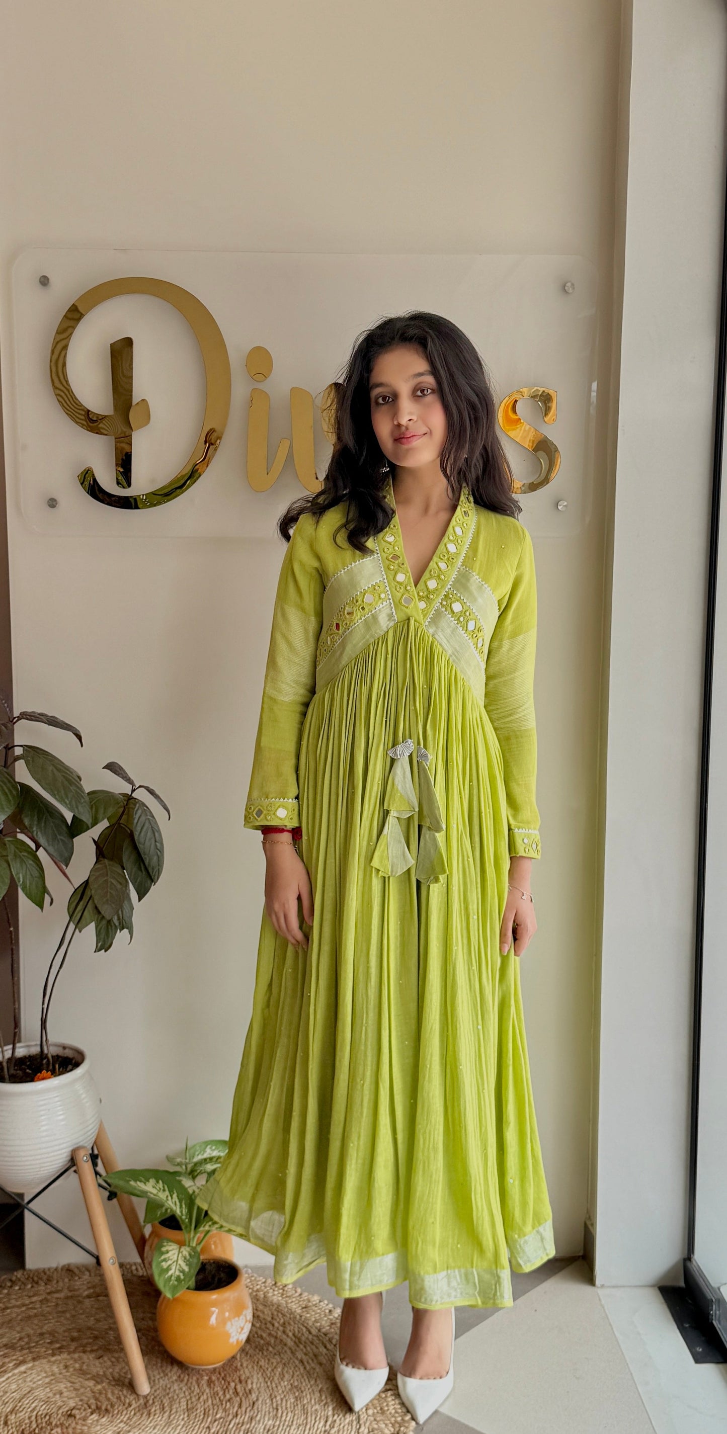 Aaranya – Pure Linen Mirror-Work Flared Dress