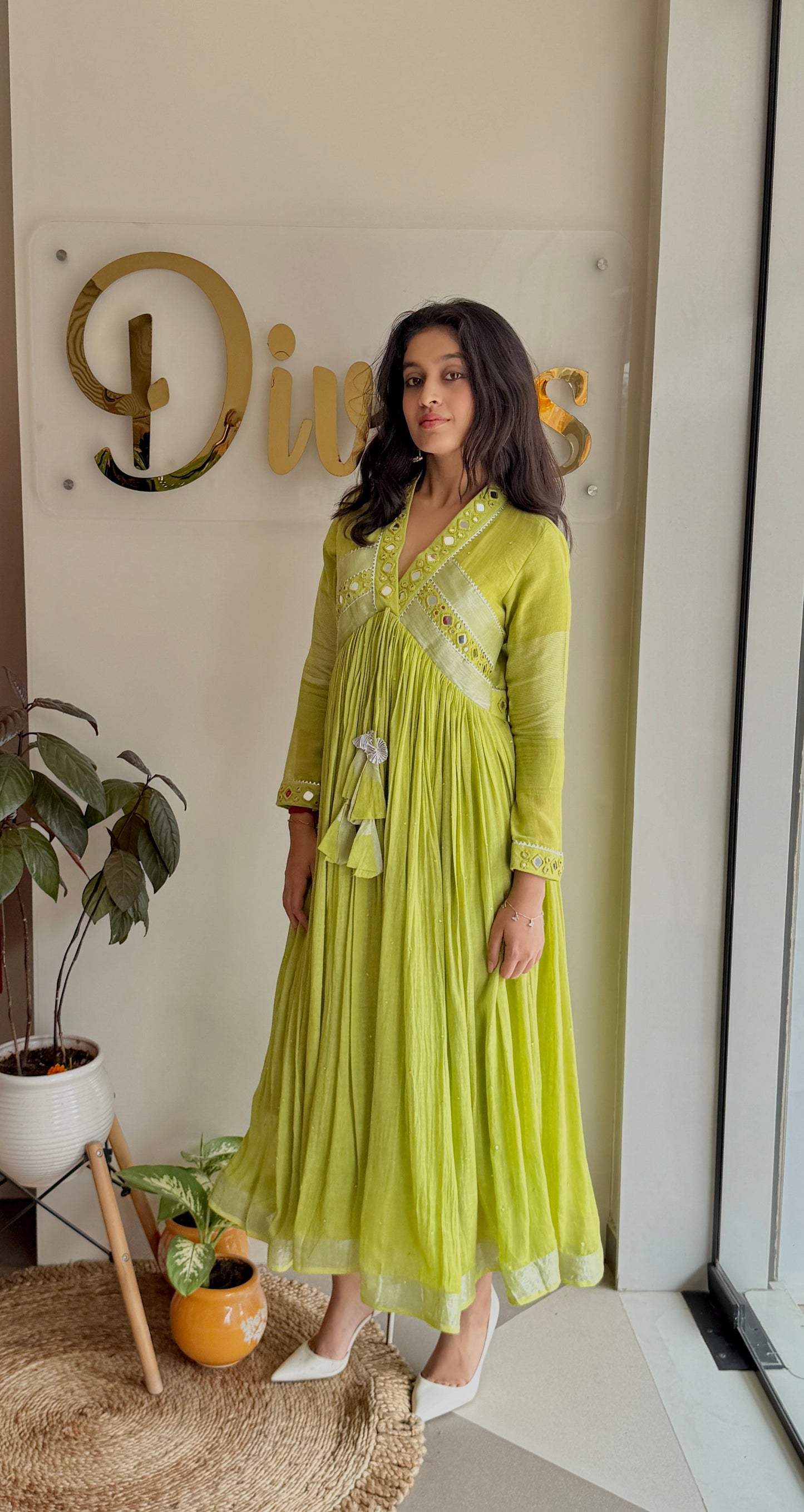 Aaranya – Pure Linen Mirror-Work Flared Dress