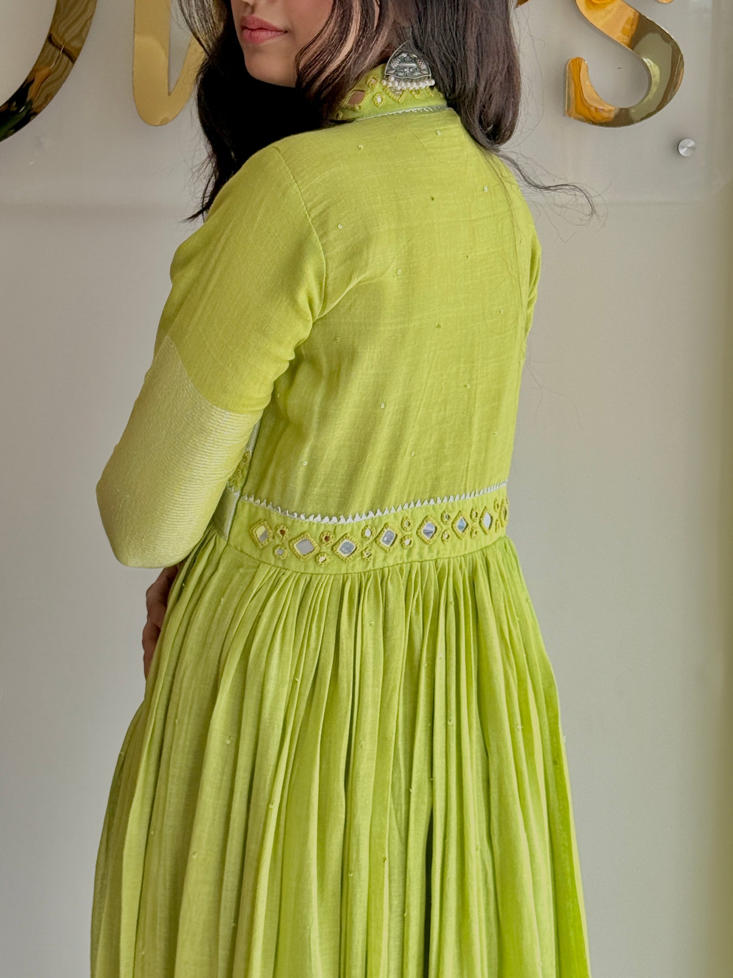 Aaranya – Pure Linen Mirror-Work Flared Dress