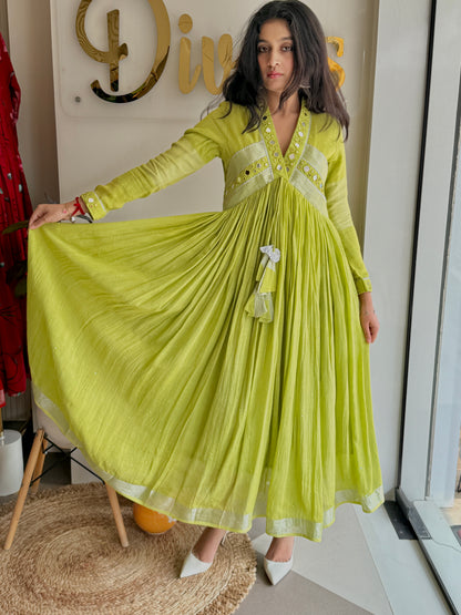 Aaranya – Pure Linen Mirror-Work Flared Dress