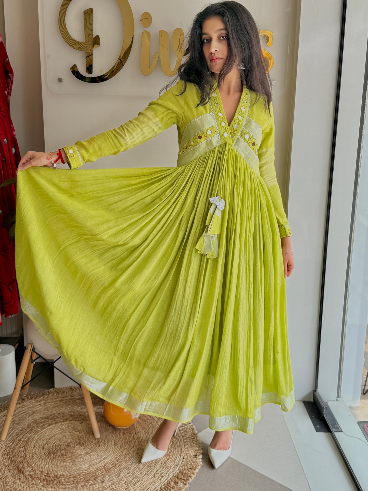 Aaranya – Pure Linen Mirror-Work Flared Dress