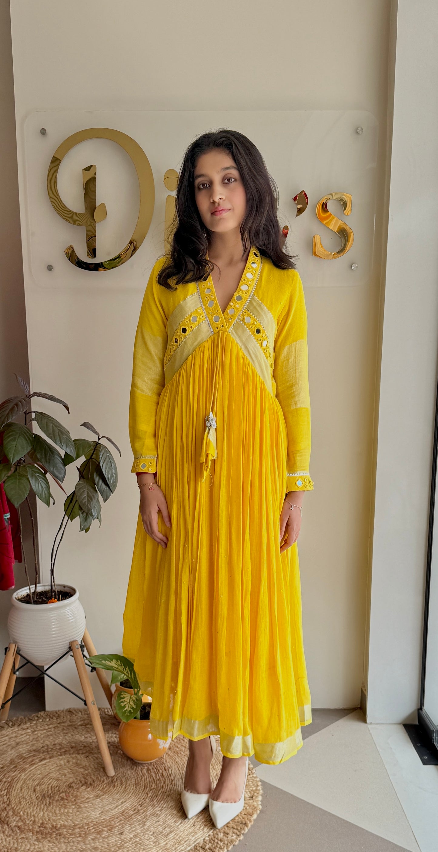 Saanvi – Pure Linen Mirror-Work Flared Dress