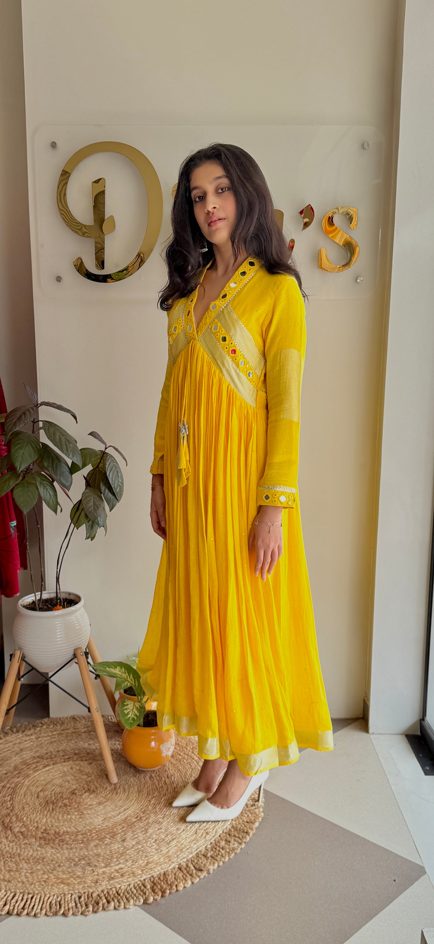 Saanvi – Pure Linen Mirror-Work Flared Dress