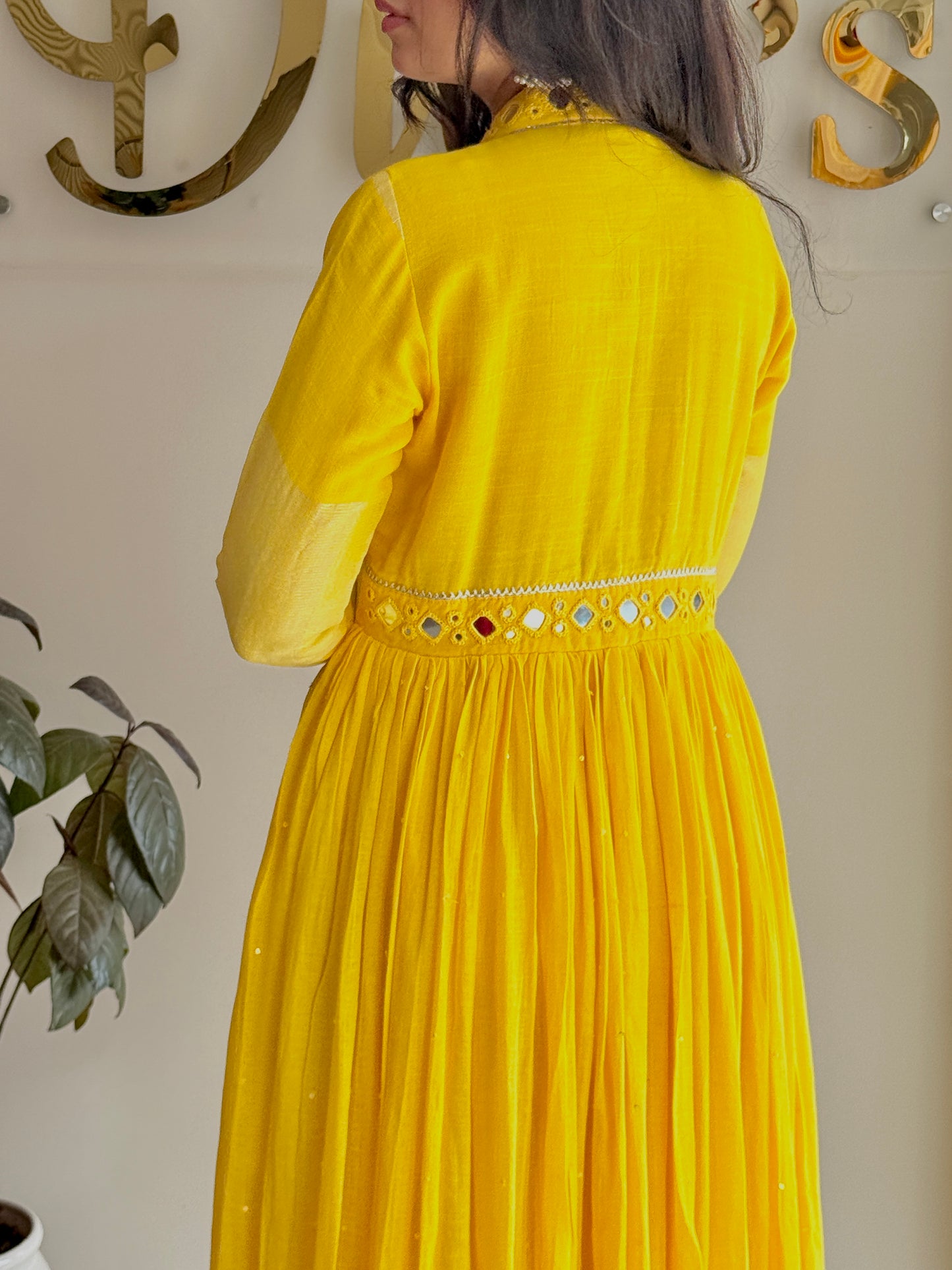 Saanvi – Pure Linen Mirror-Work Flared Dress