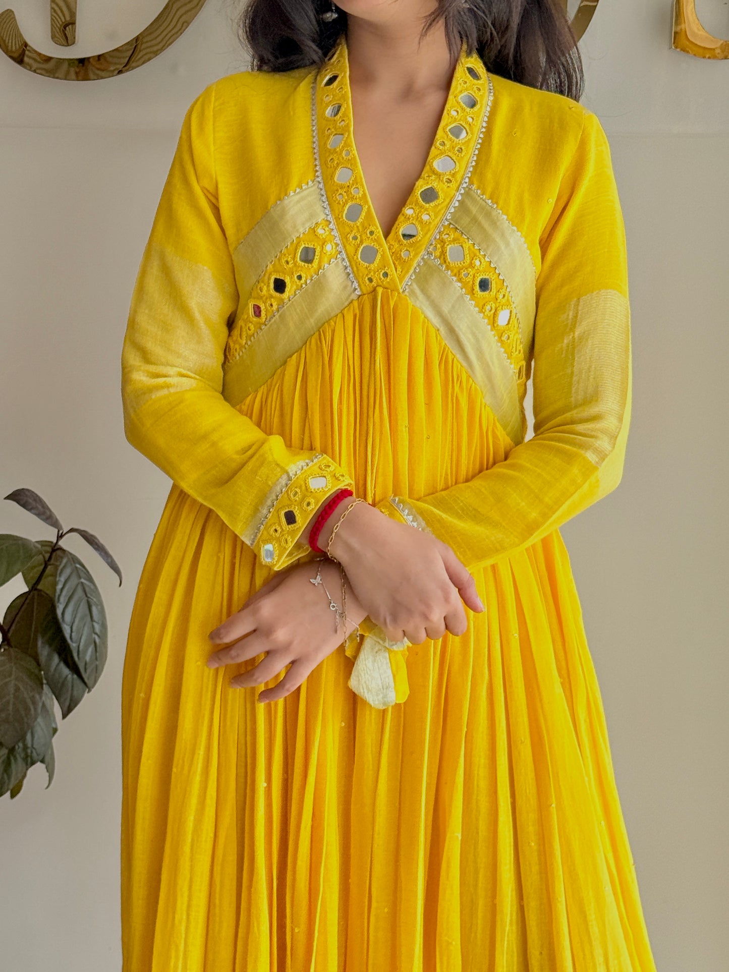 Saanvi – Pure Linen Mirror-Work Flared Dress