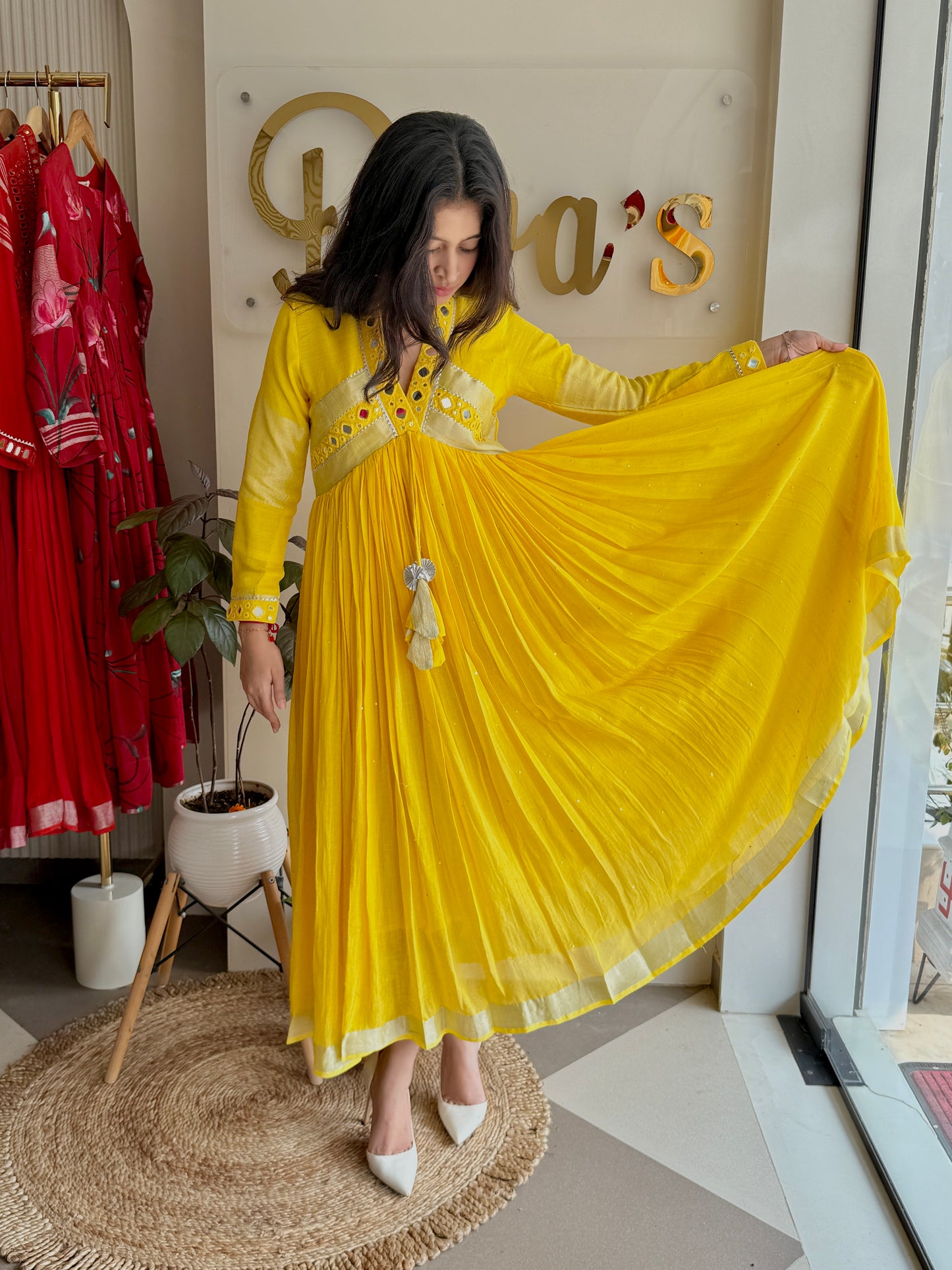 Saanvi – Pure Linen Mirror-Work Flared Dress