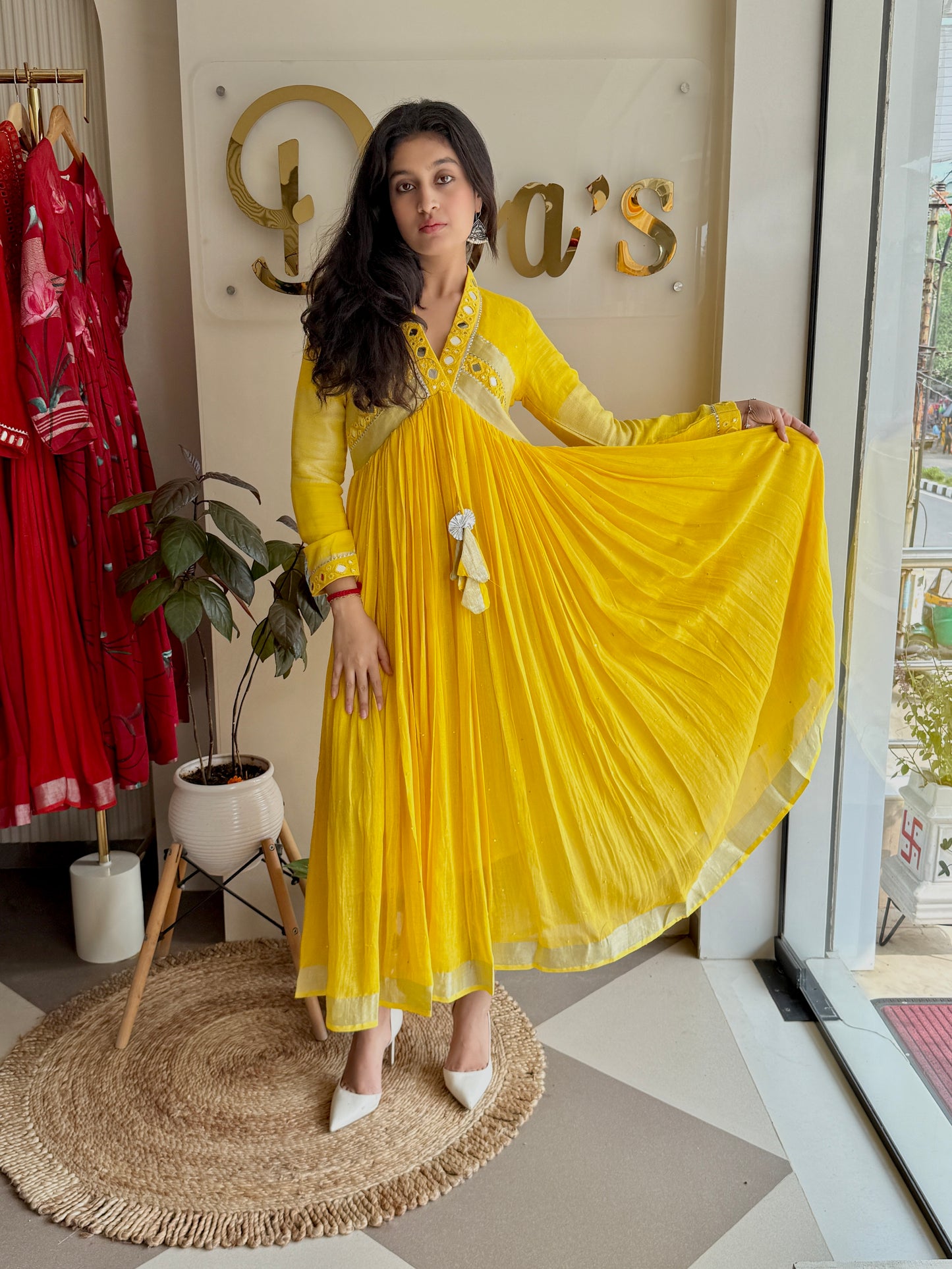 Saanvi – Pure Linen Mirror-Work Flared Dress