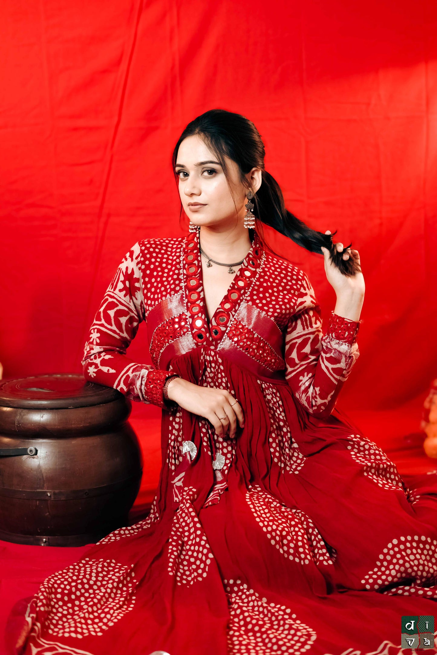 Gulmir Red Linen Flared dress – Handcrafted Elegance with Mirror Detailing