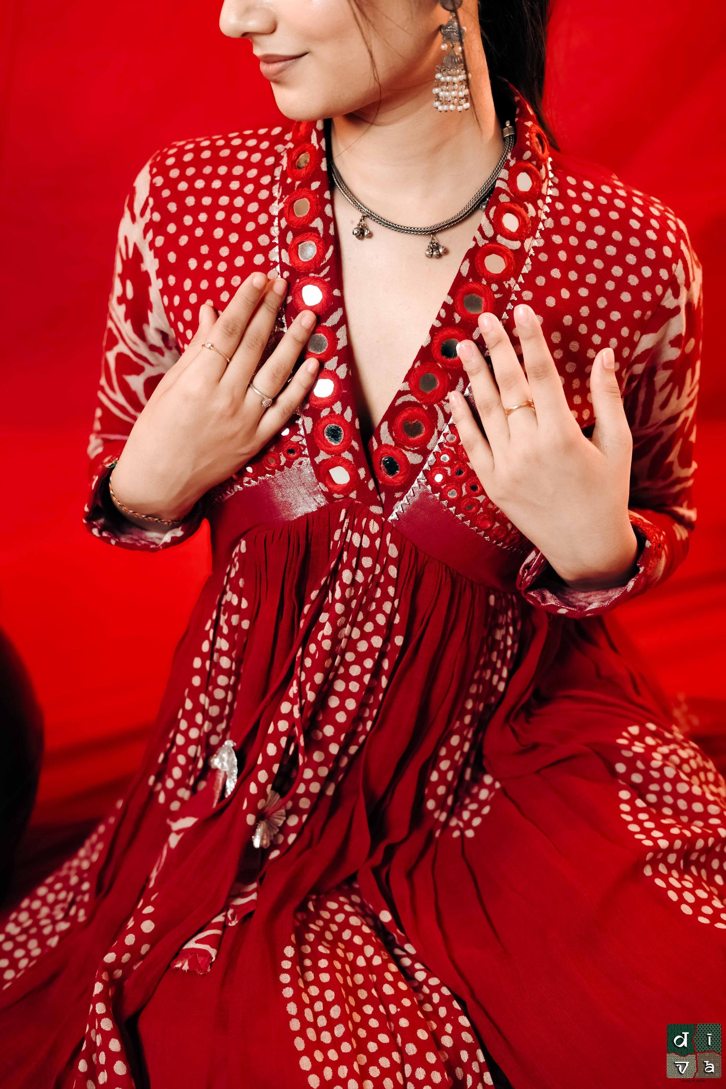 Gulmir Red Linen Flared dress – Handcrafted Elegance with Mirror Detailing