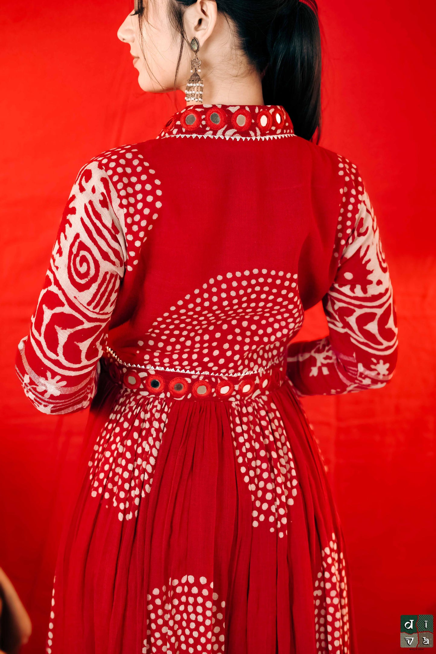 Gulmir Red Linen Flared dress – Handcrafted Elegance with Mirror Detailing