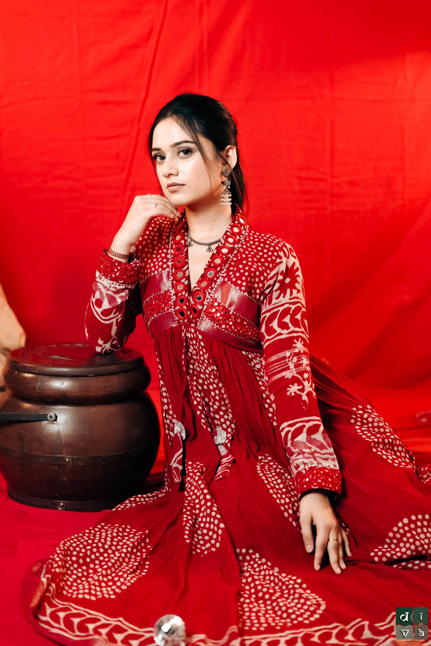 Gulmir Red Linen Flared dress – Handcrafted Elegance with Mirror Detailing